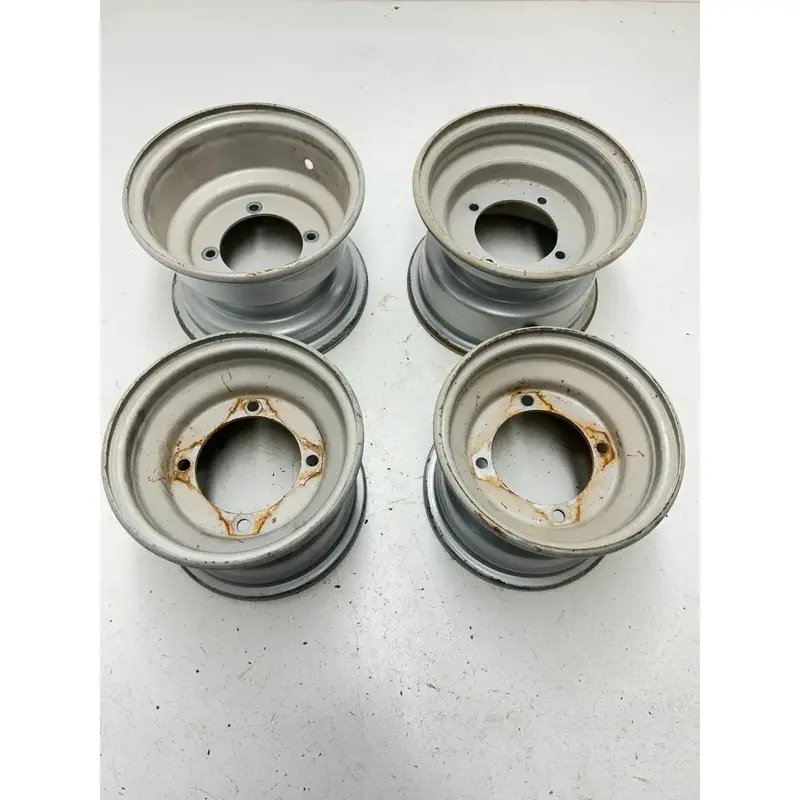 02 2002 Polaris Scrambler 90 2 Stroke OEM STRAIGHT! Rear Front Wheel Rim Set