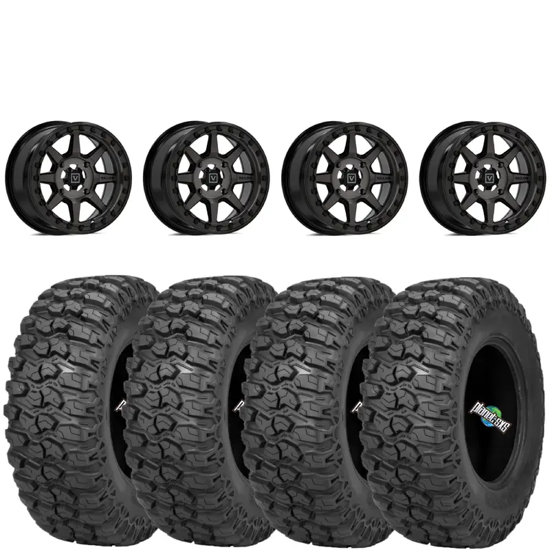 Valor Offroad V13 4/156 4+3 Dark Tint beadlocks mounted on Sedona Trail Saw 2.0