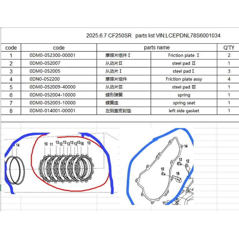 Clutch pad /steel pad/rings and gaskets suit CF250SR