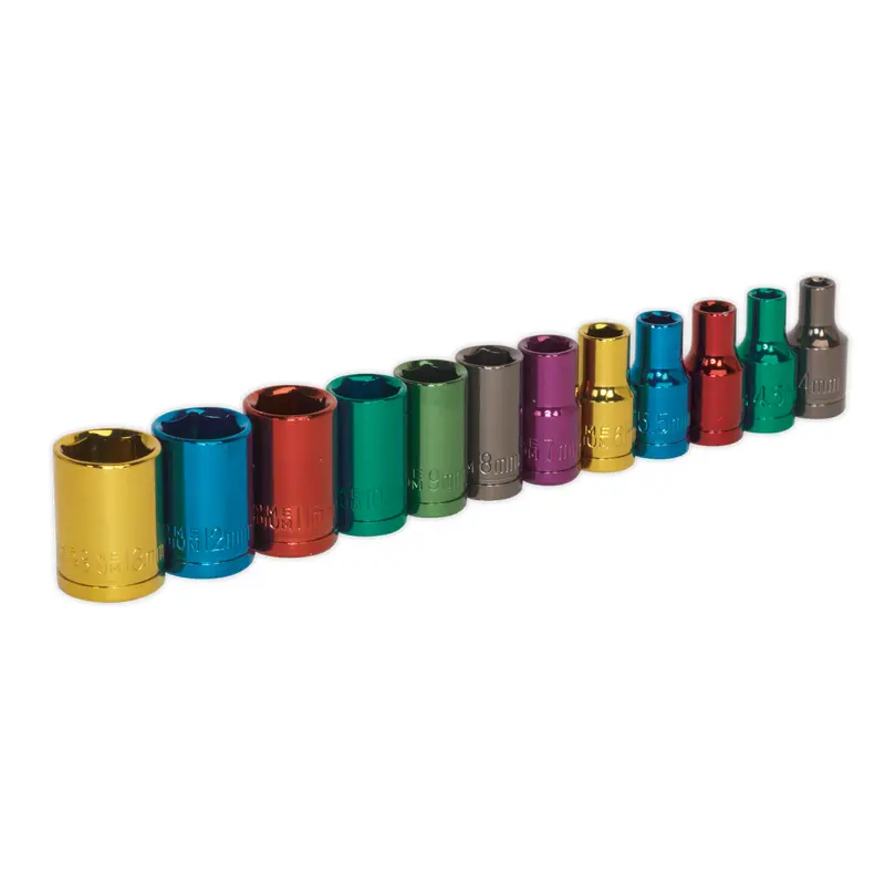 Multi-Coloured Socket Set 12pc 1/4"Sq Drive 6pt WallDrive Metric - AK282