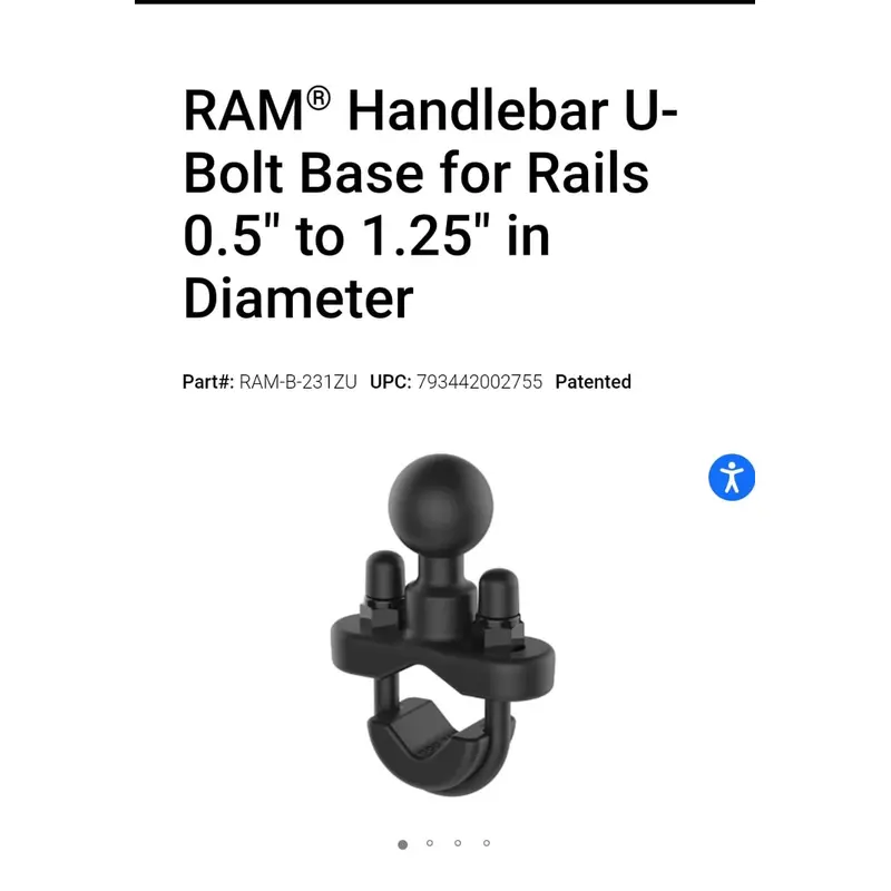 RAM* HANDLEBAR U-BOLT BASE FOR RAILS 0.5 TO 1.25 IN DIAMETER(RAM-B-231ZU)