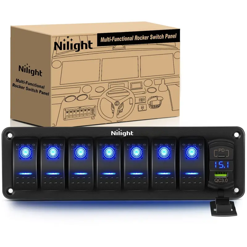 7 Gang Switch Panel With QC3.0 & PD Charger And Voltmerter with Blue Backlit
